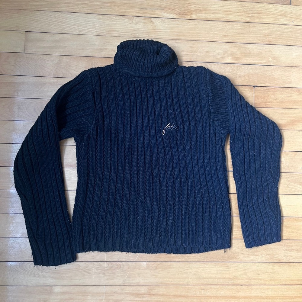 Vintage FUBU Black Ribbed Turtleneck Sweater Mens Medium Embroidered Logo 90s